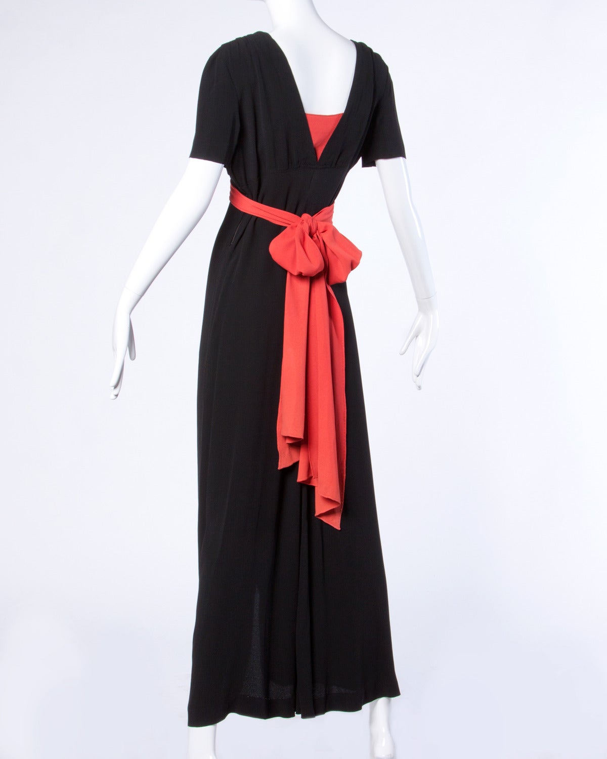 Vintage 1930s 30s Coral + Black Empire Waist Crepe Maxi Dress with Sash ...
