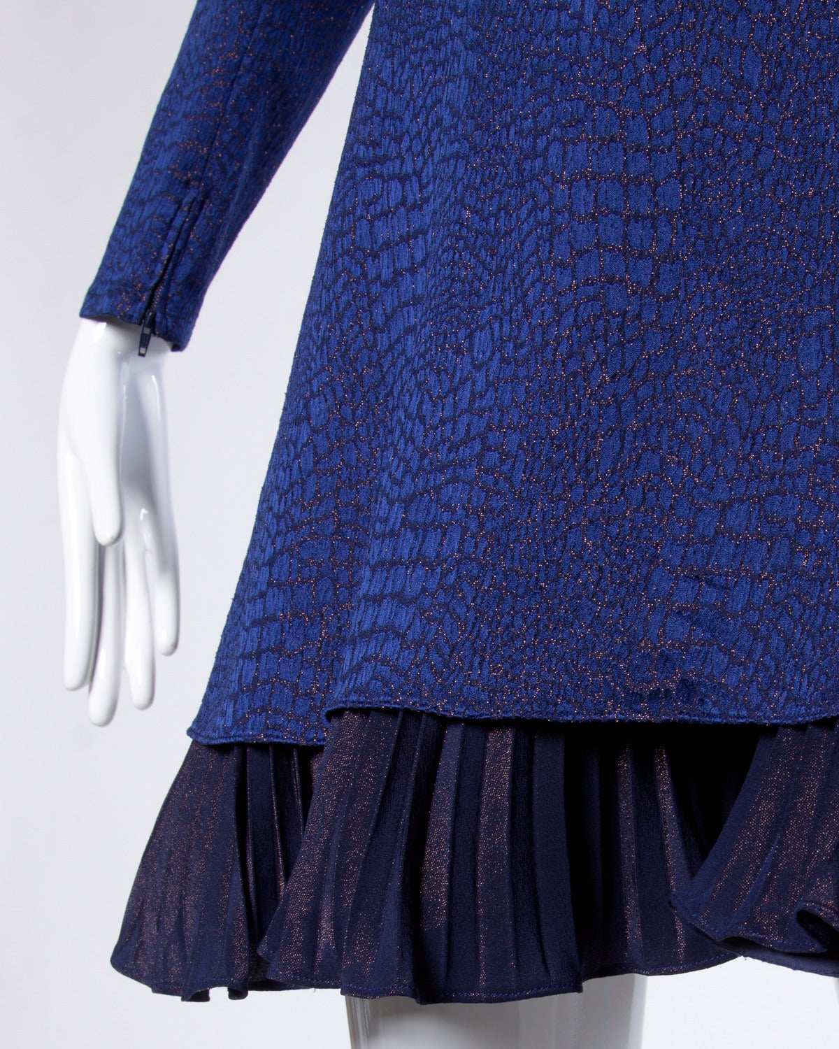 Bernard Perris Vintage Metallic Navy Blue Silk Party Dress + Back Pleated Detail 2