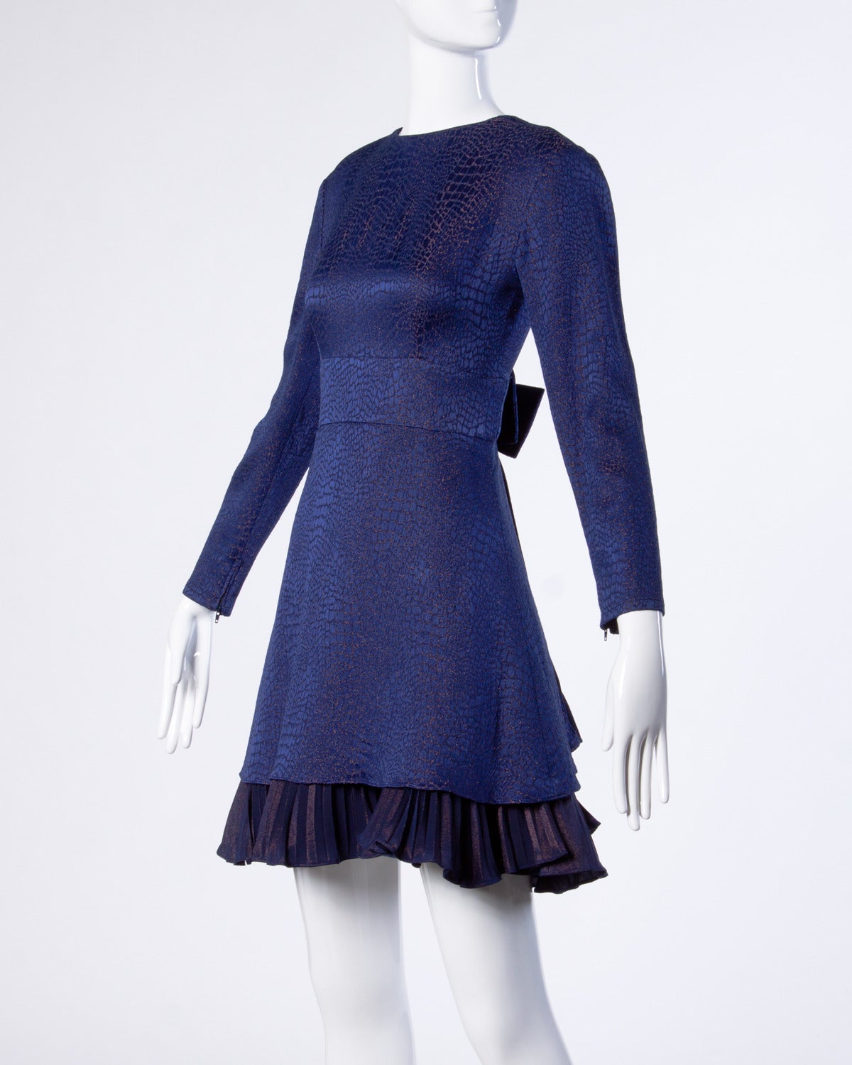 Bernard Perris Vintage Metallic Navy Blue Silk Party Dress + Back Pleated Detail In Excellent Condition In Sparks, NV