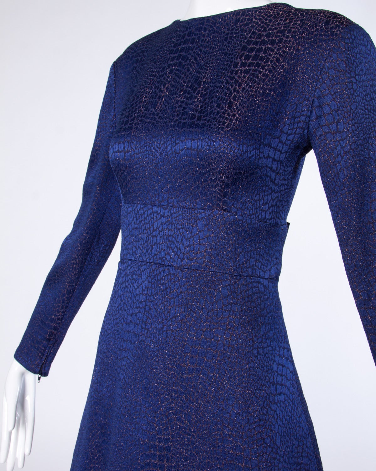 Women's Bernard Perris Vintage Metallic Navy Blue Silk Party Dress + Back Pleated Detail