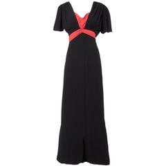 Vintage 1930s 30s Coral + Black Empire Waist Crepe Maxi Dress with Sash