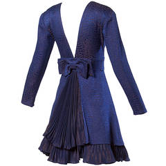 Bernard Perris Vintage Metallic Navy Blue Silk Party Dress + Back Pleated Detail