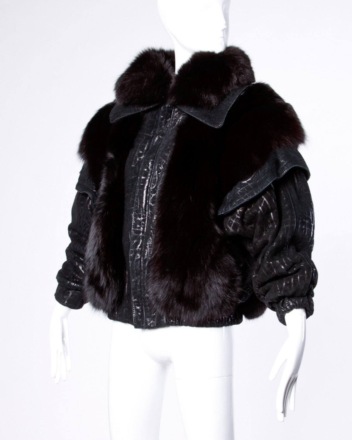 Vintage 1980s 80s Black Fox Fur and Leather Bomber Jacket In Excellent Condition In Sparks, NV