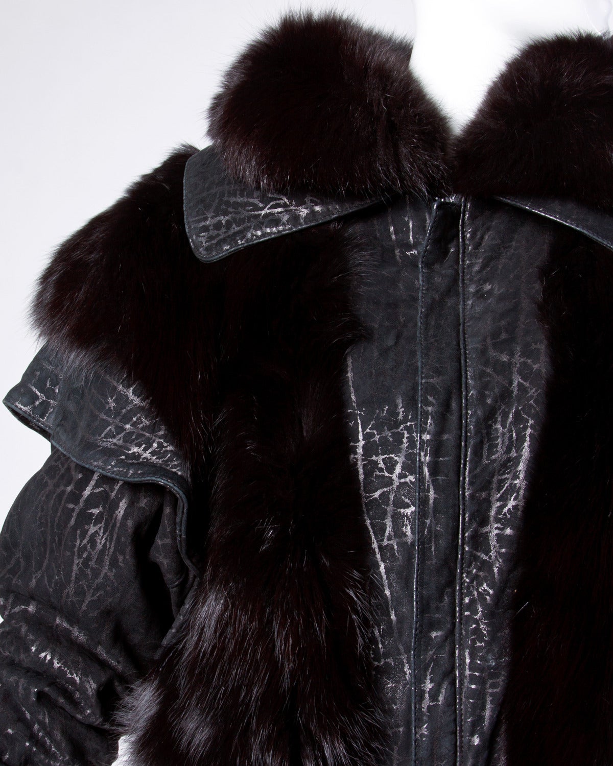 Women's Vintage 1980s 80s Black Fox Fur and Leather Bomber Jacket