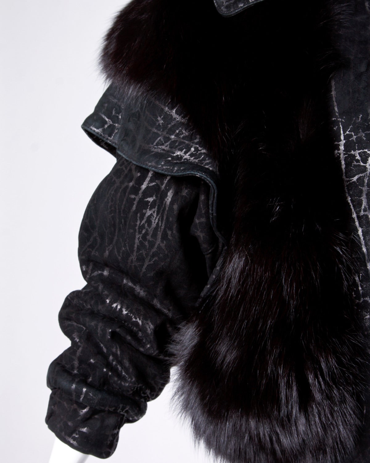 Vintage 1980s 80s Black Fox Fur and Leather Bomber Jacket 1