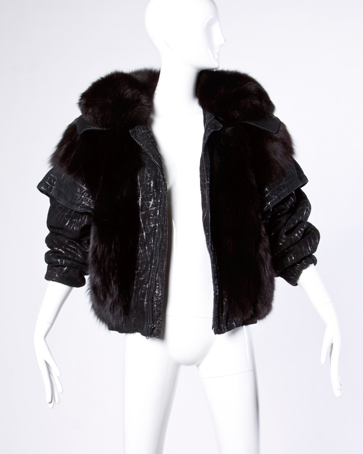 Vintage 1980s 80s Black Fox Fur and Leather Bomber Jacket 3