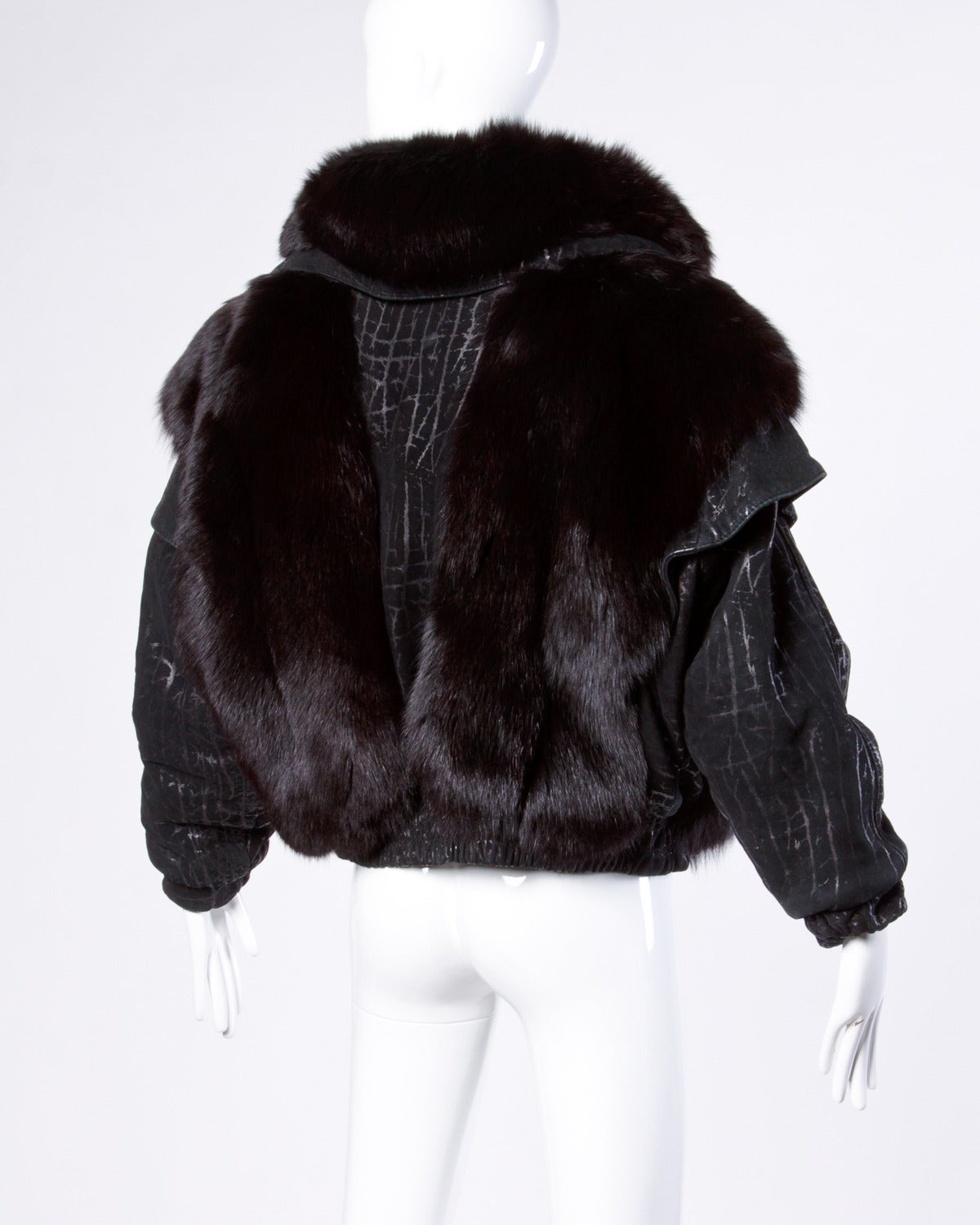 Vintage 1980s 80s Black Fox Fur and Leather Bomber Jacket 4