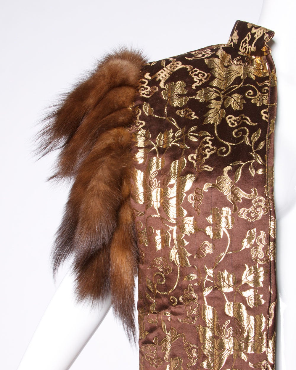 Adrienne Landau Vintage Metallic Gold Silk Vest with Sable Fur Tails 1