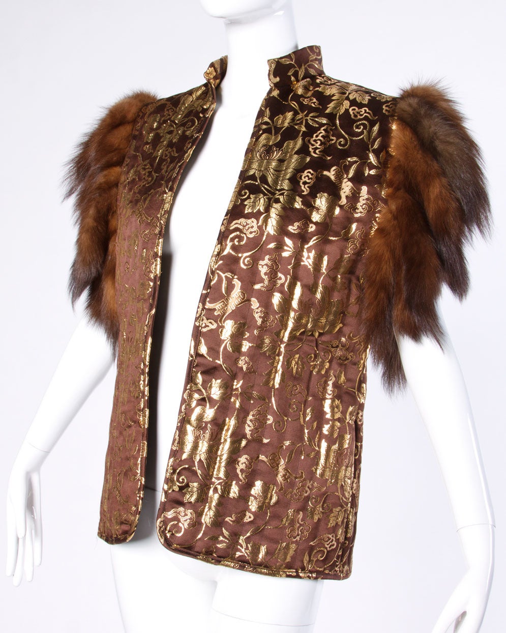 Adrienne Landau Vintage Metallic Gold Silk Vest with Sable Fur Tails In Excellent Condition In Sparks, NV