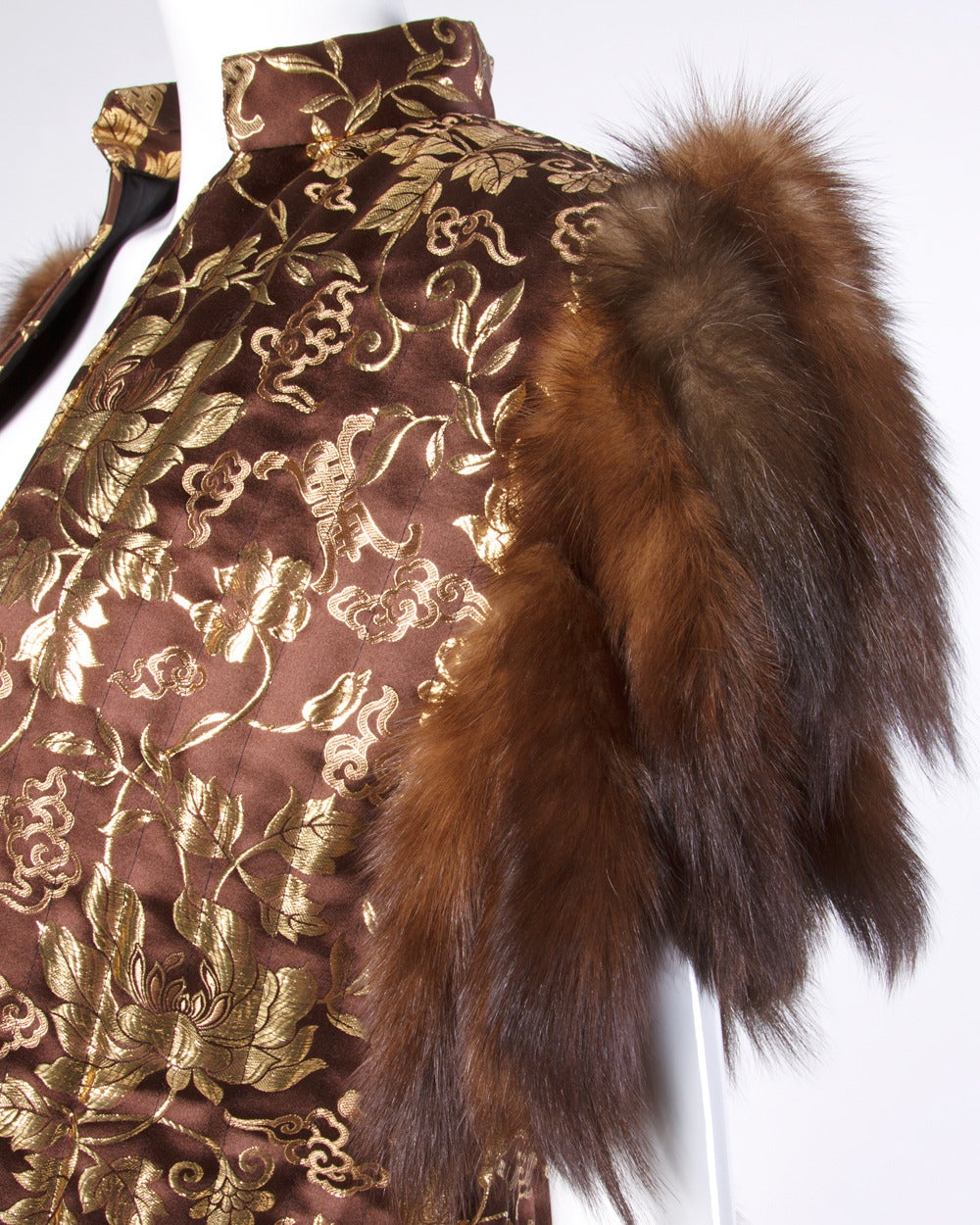 Women's Adrienne Landau Vintage Metallic Gold Silk Vest with Sable Fur Tails