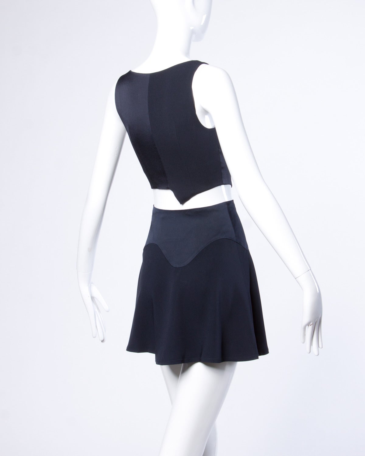 Black Moschino Vintage 1990s 90s Asymmetric Crop Top + Skirt Ensemble 2-Pc Set