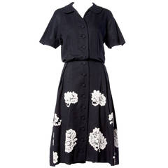 Vintage 1940s 40s Black Wool & White Lace Button Up Dress