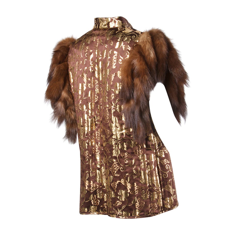 Adrienne Landau Vintage Metallic Gold Silk Vest with Sable Fur Tails