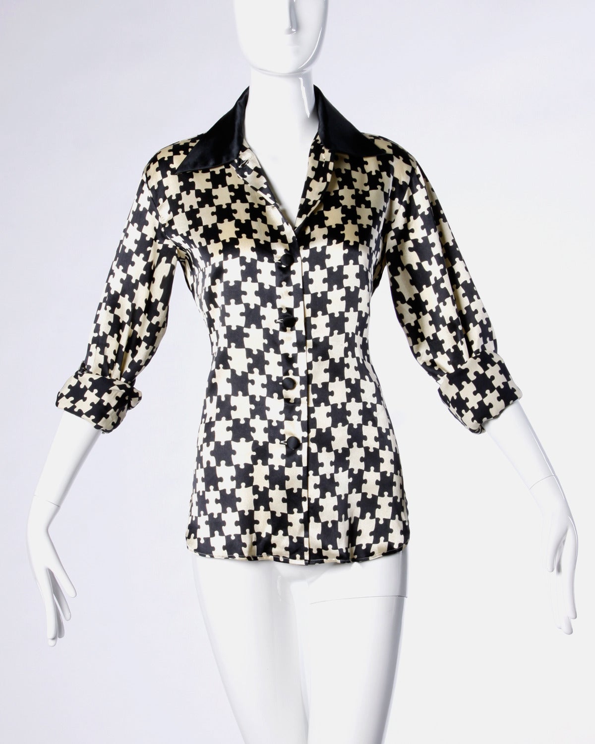 Moschino Vintage 1990s 90s Puzzle Piece Novelty Print Button Up Blouse 1