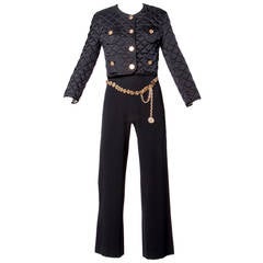 Moschino Vintage 1990s 90s Black Quilted Jacket + Pants Suit  2-Piece Ensemble