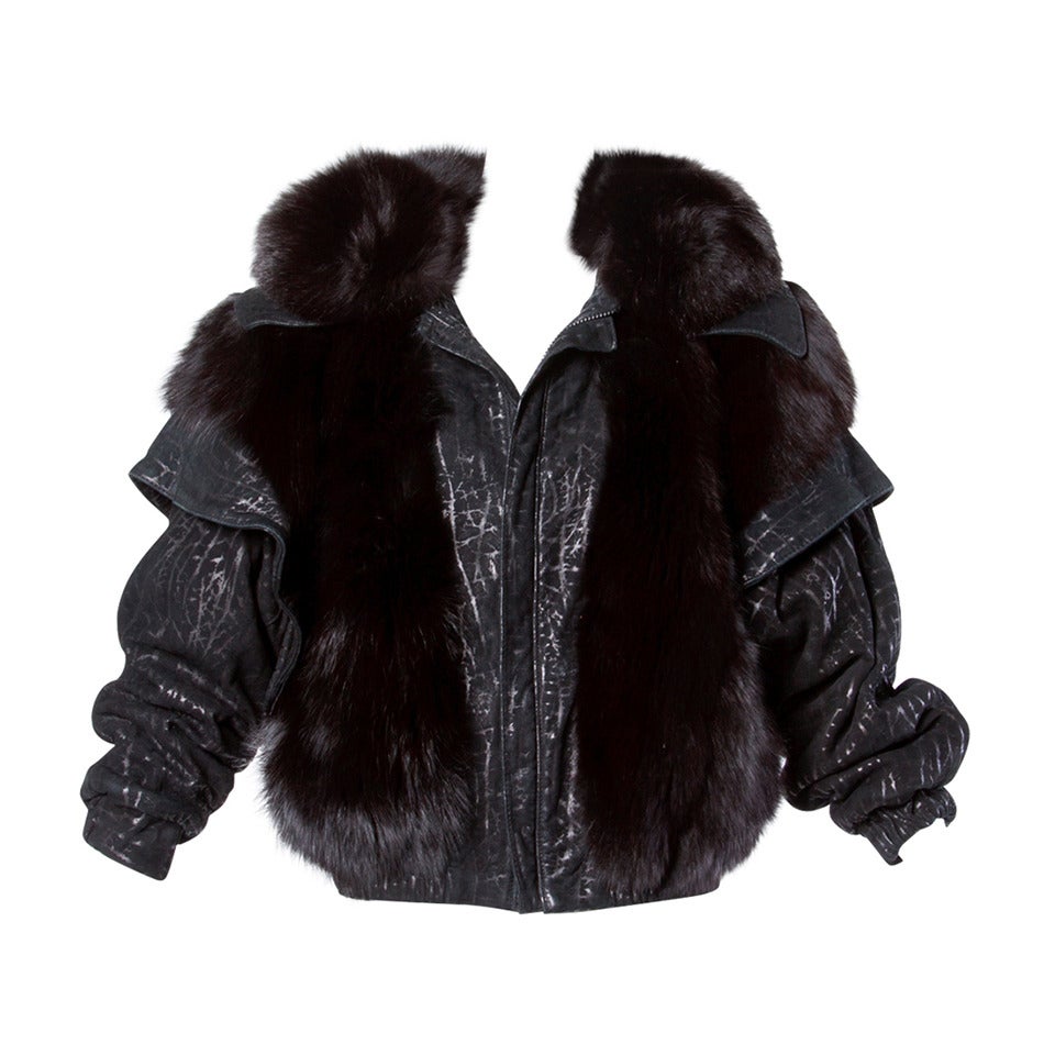 Vintage 1980s 80s Black Fox Fur and Leather Bomber Jacket