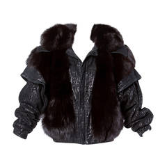 Retro 1980s 80s Black Fox Fur and Leather Bomber Jacket