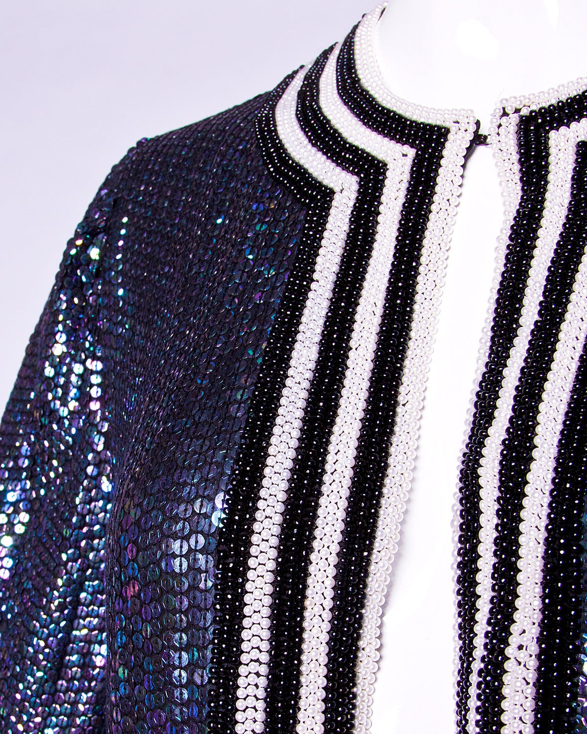 Estevez Couture Vintage Iridescent Blue Sequin + Beaded Silk Jacket with Birds 1