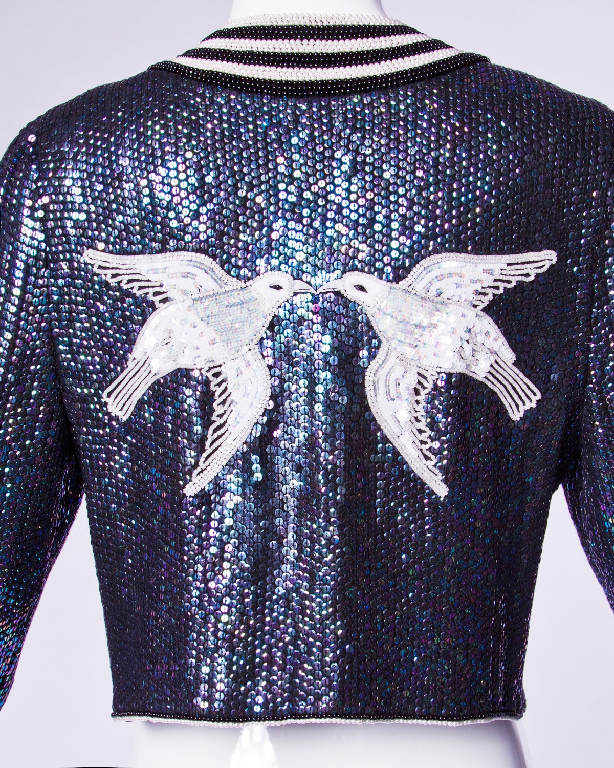 Estevez Couture Vintage Iridescent Blue Sequin + Beaded Silk Jacket with Birds In Excellent Condition In Sparks, NV
