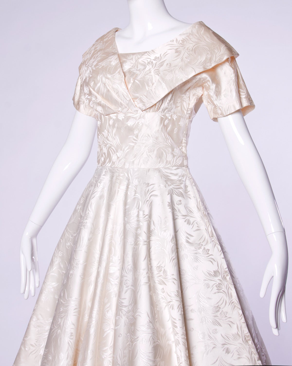 Gray Vintage 1950s 50s Silk Satin Ivory Full Sweep Wedding or Party Dress