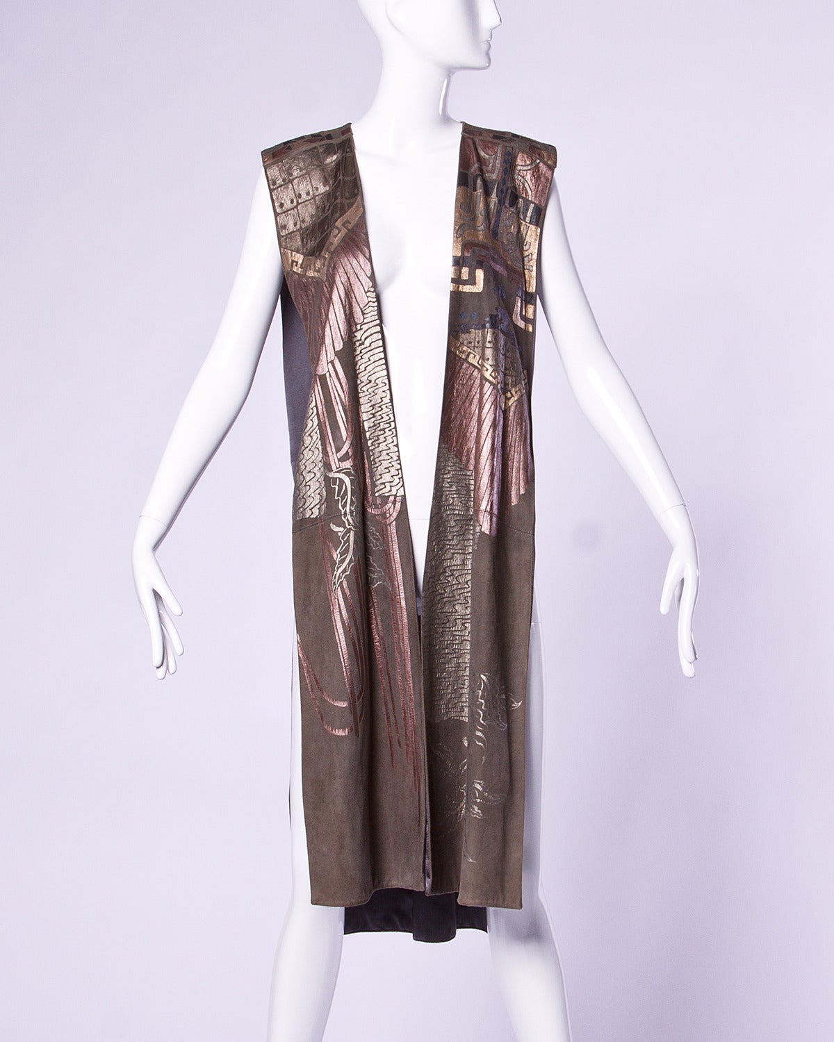 Vintage 1970s 70s Metallic Hand Painted Art Deco Style Long Leather Vest