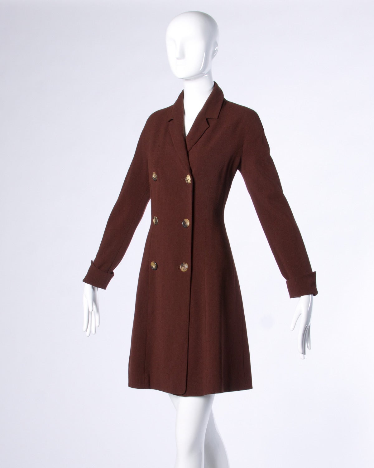 Jil Sander Vintage 1990s 90s Minimalist Brown Wool Double Breasted Coat Dress