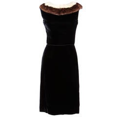Vintage 1960s 60s Black Velvet Sheath Dress with Mink Fur Trim