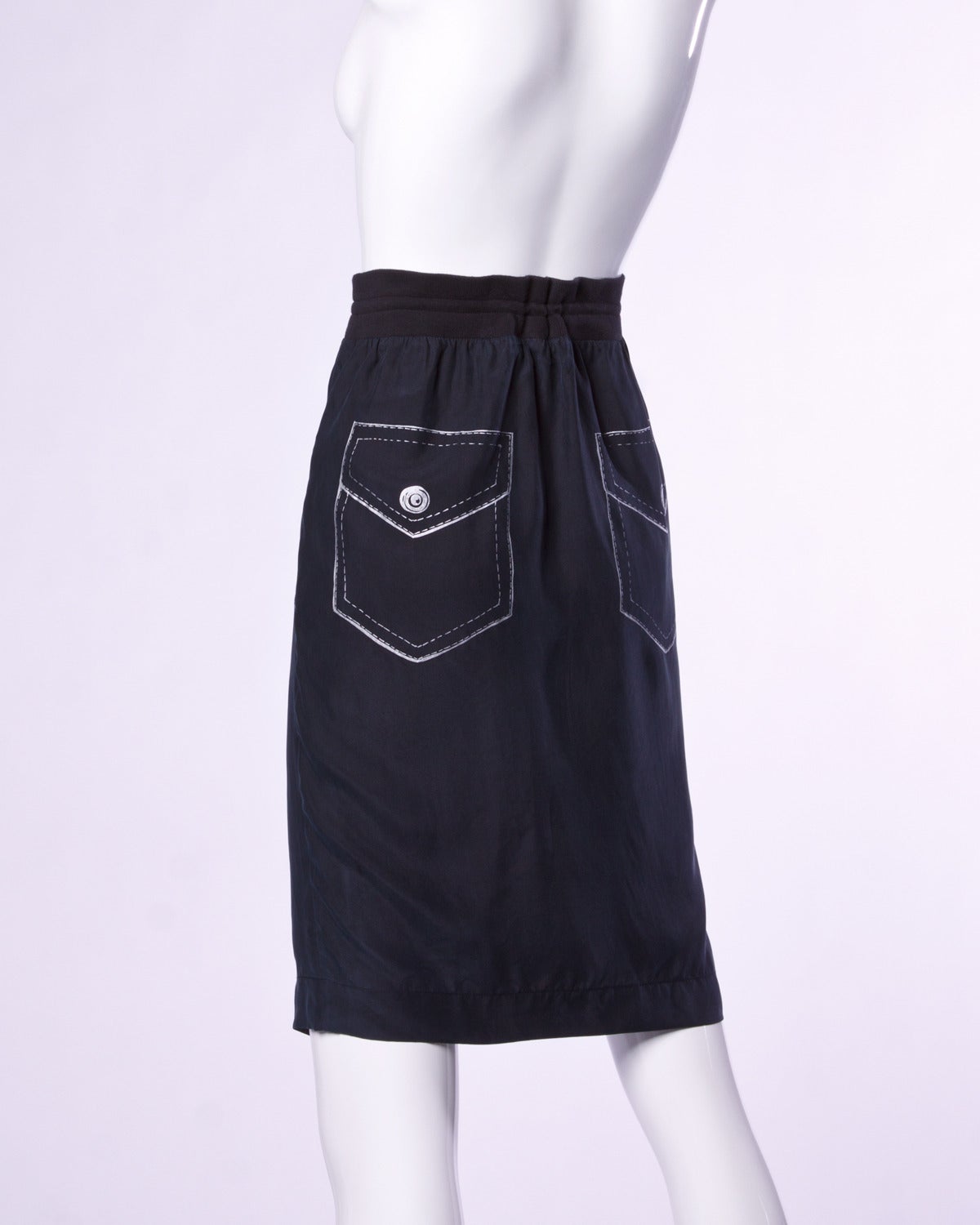 Black JC de Castelbajac Vintage Trompe L'oeil Stitching + Pockets Silk Skirt