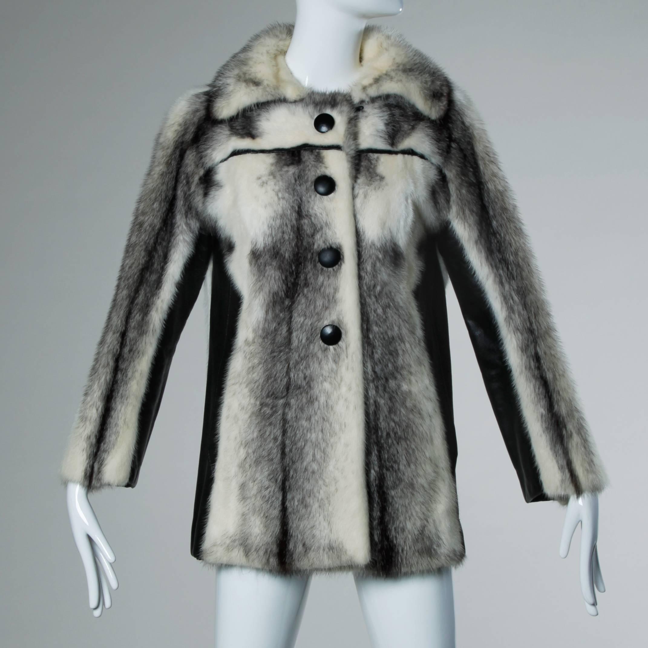 Black + White Vintage Cross Mink Fur + Leather Coat or Jacket 2