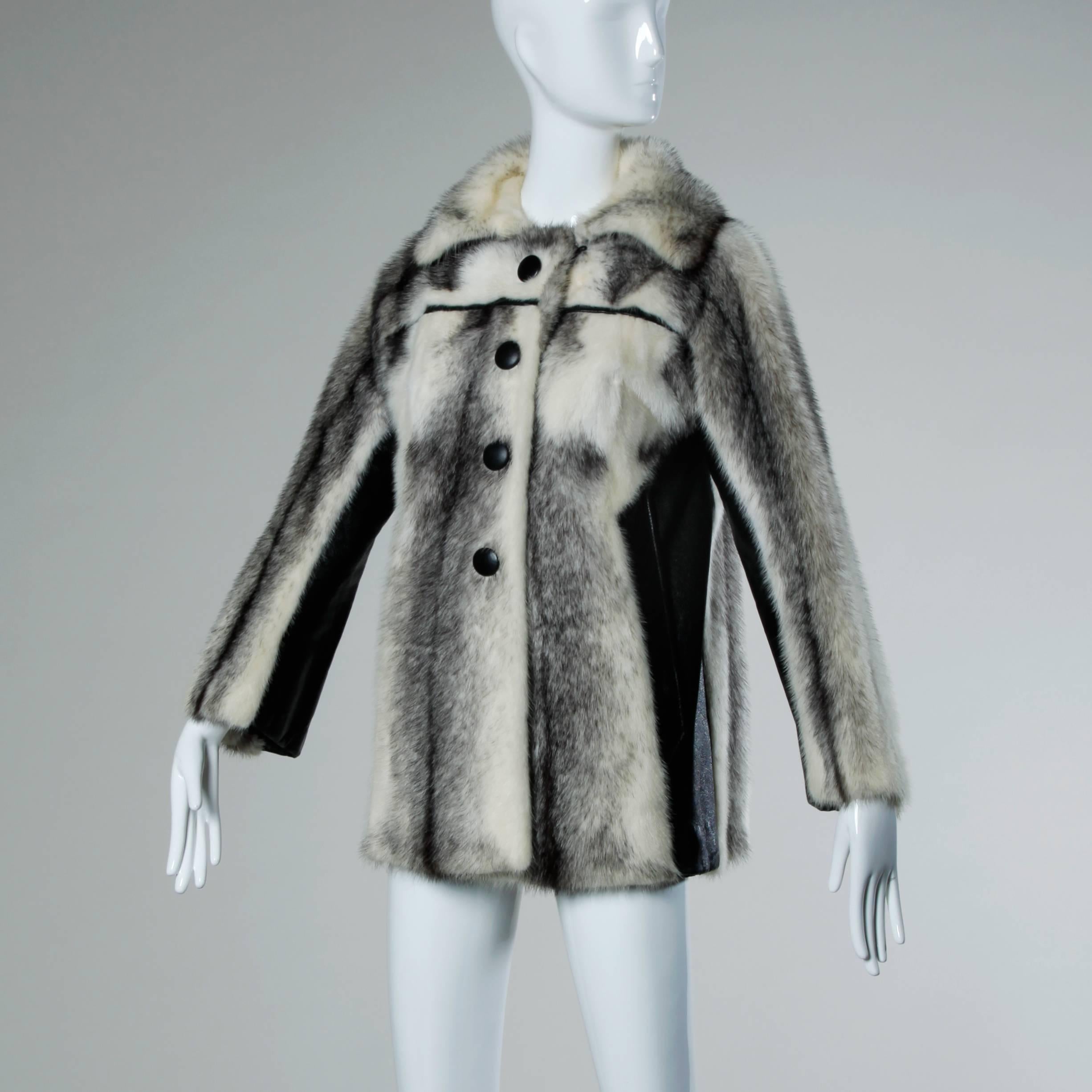 Black + White Vintage Cross Mink Fur + Leather Coat or Jacket In Excellent Condition In Sparks, NV
