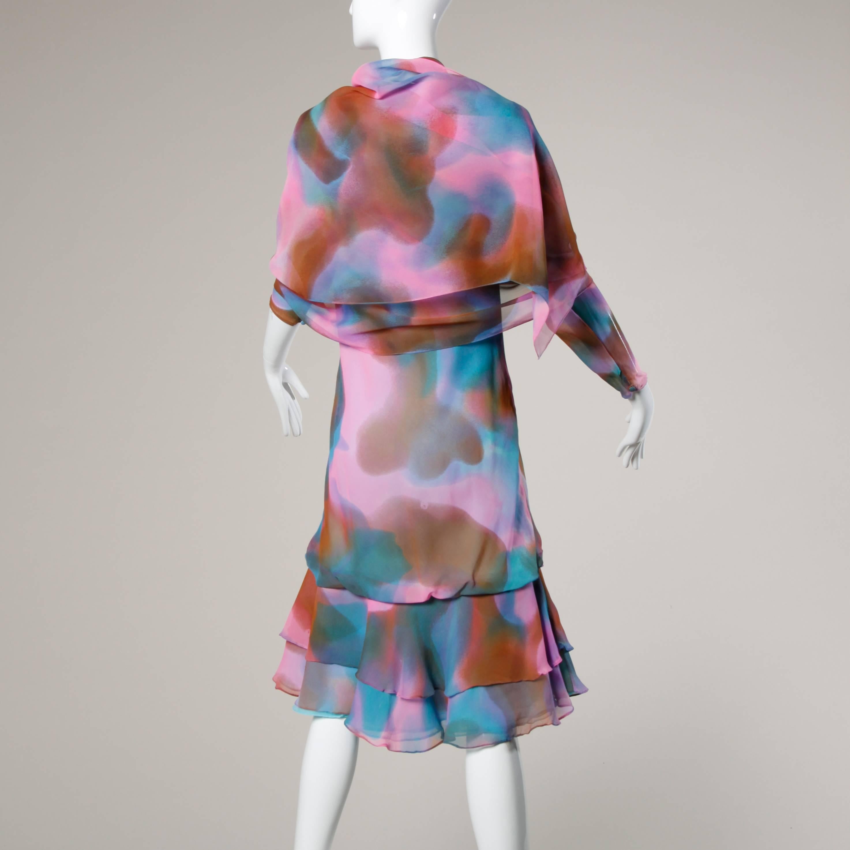 Gray Judy Hornby for Neiman Marcus Vintage Hand Painted Silk Dress + Wrap Ensemble For Sale