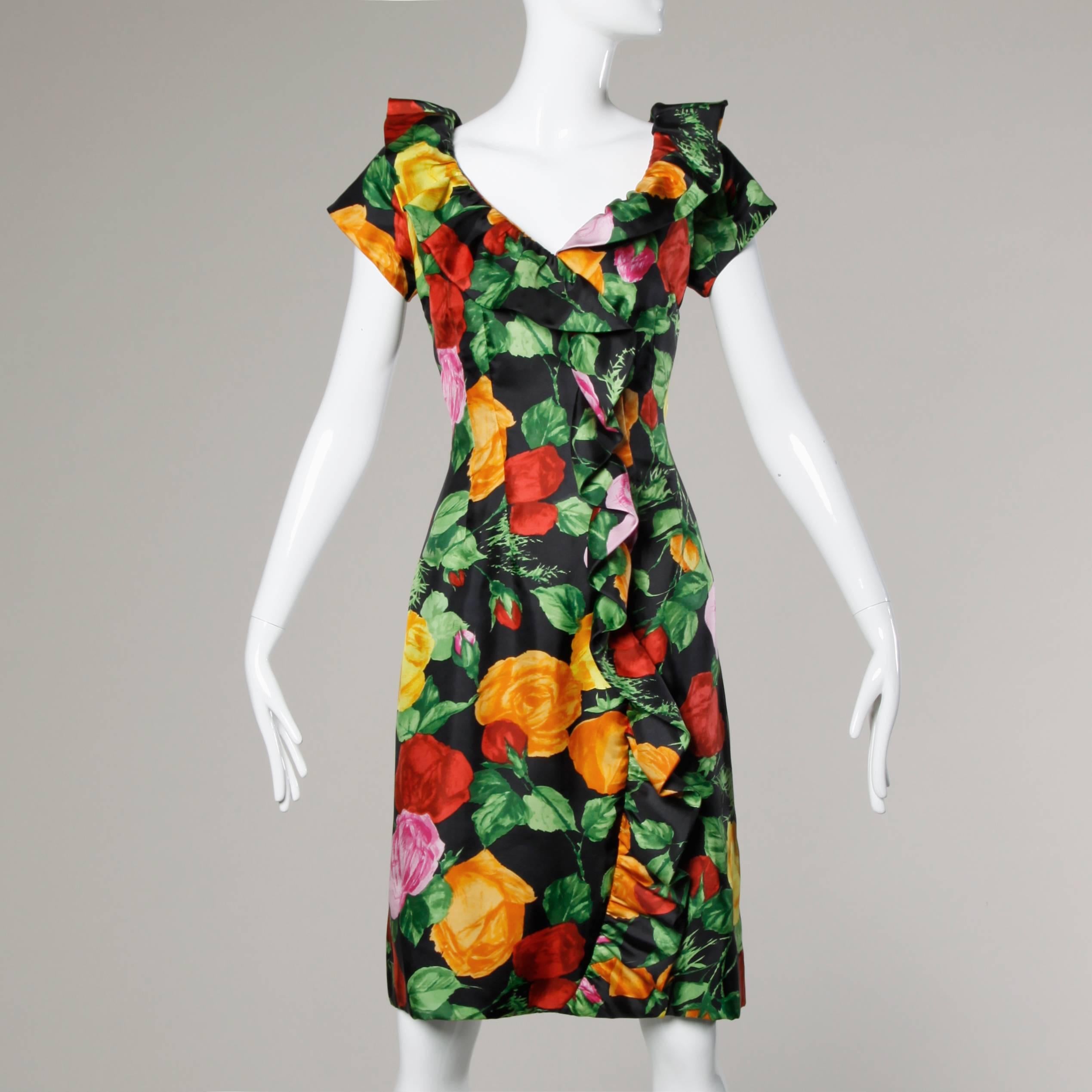Women's 1960s Vintage Floral Print Formal Silk Cocktail Sheath Dress For Sale