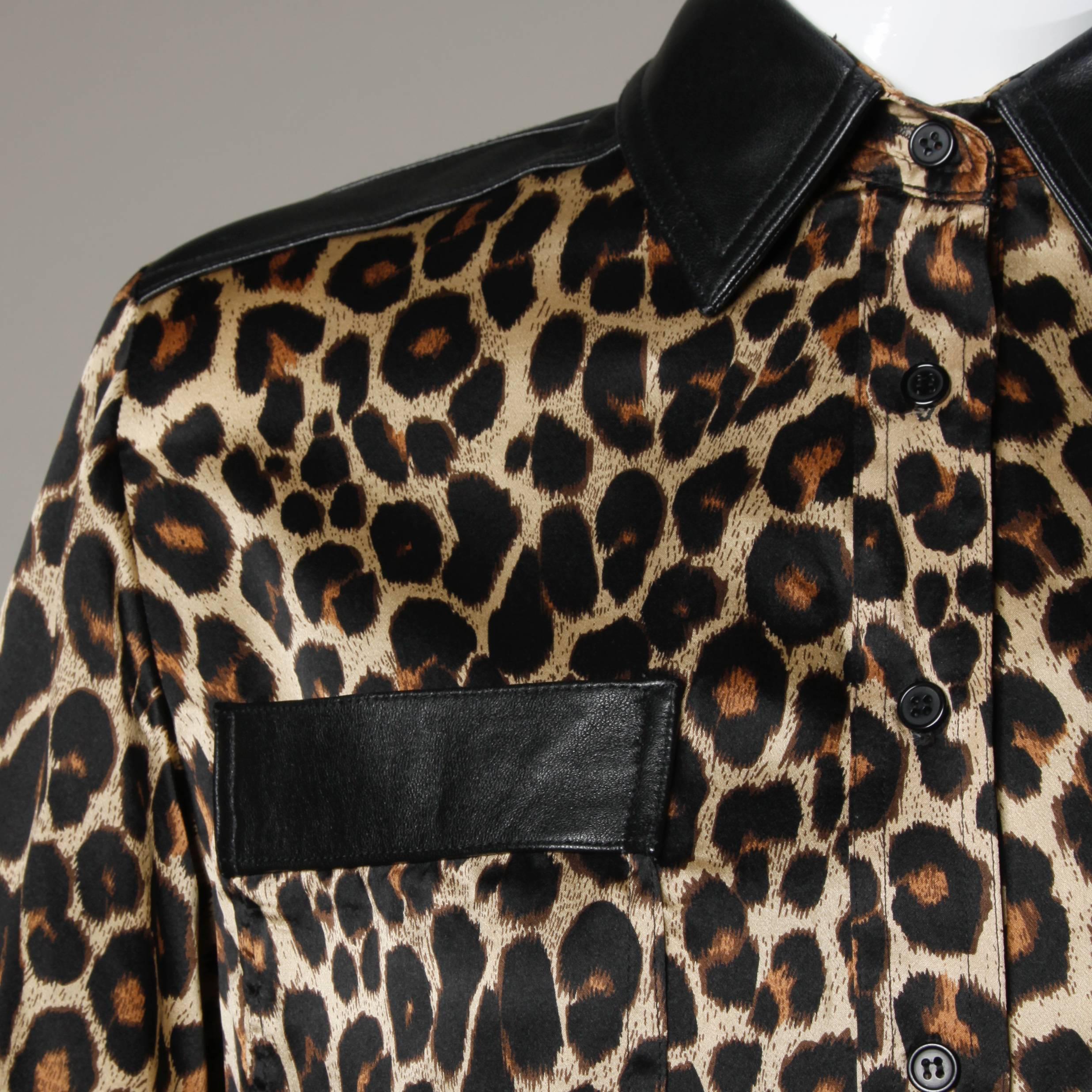 Lillie Rubin Vintage Silk Leopard Print Blouse with Leather Trim In Excellent Condition In Sparks, NV