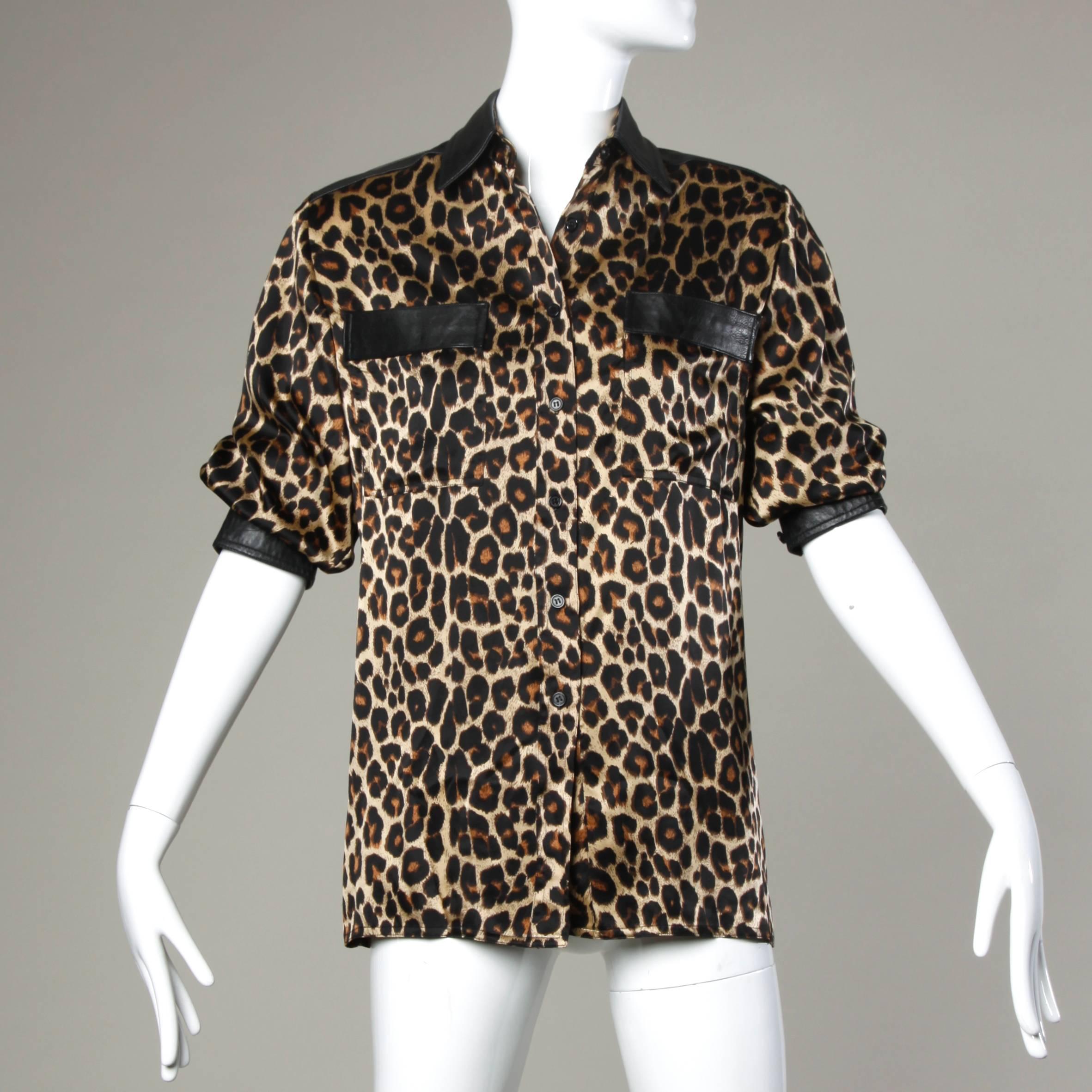 Lillie Rubin Vintage Silk Leopard Print Blouse with Leather Trim 1