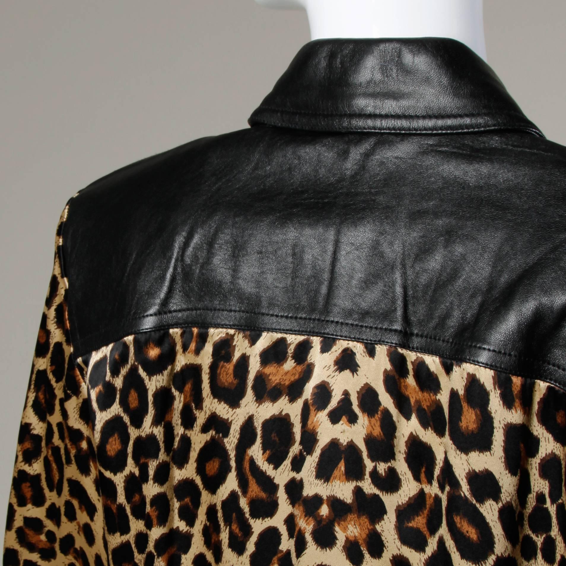 Women's Lillie Rubin Vintage Silk Leopard Print Blouse with Leather Trim