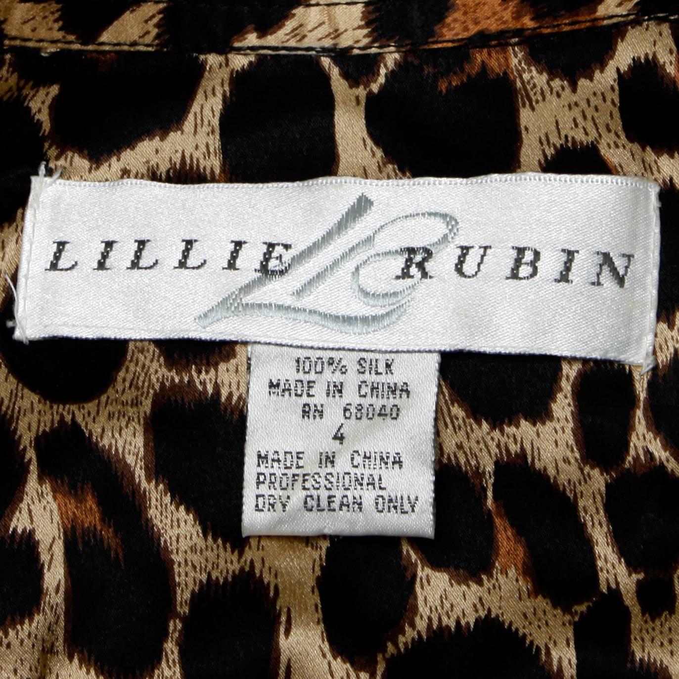 Black Lillie Rubin Vintage Silk Leopard Print Blouse with Leather Trim