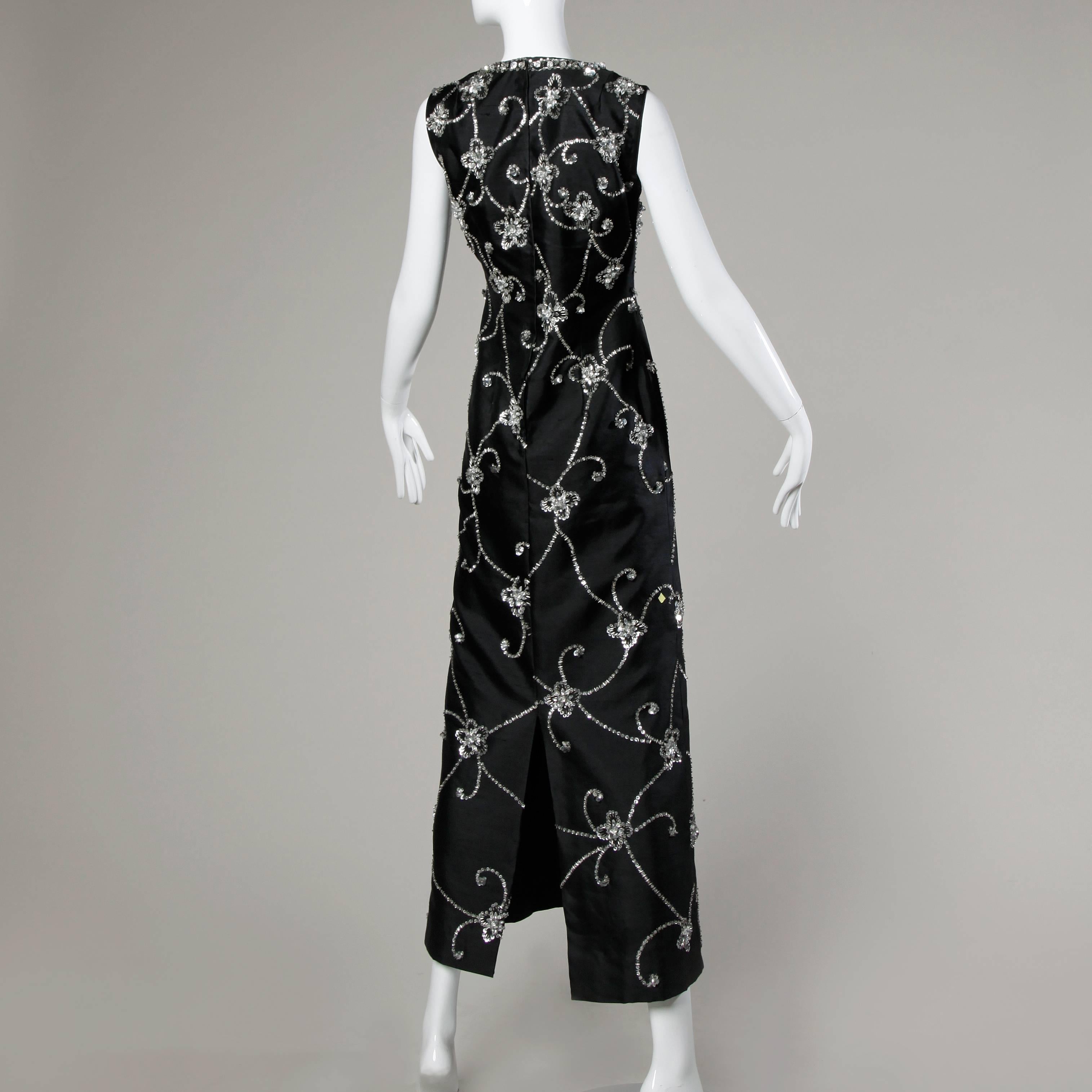 Black 1960s Vintage Silk + Wool Maxi Dress with Crystal Beads, Sequins + Rhinestones