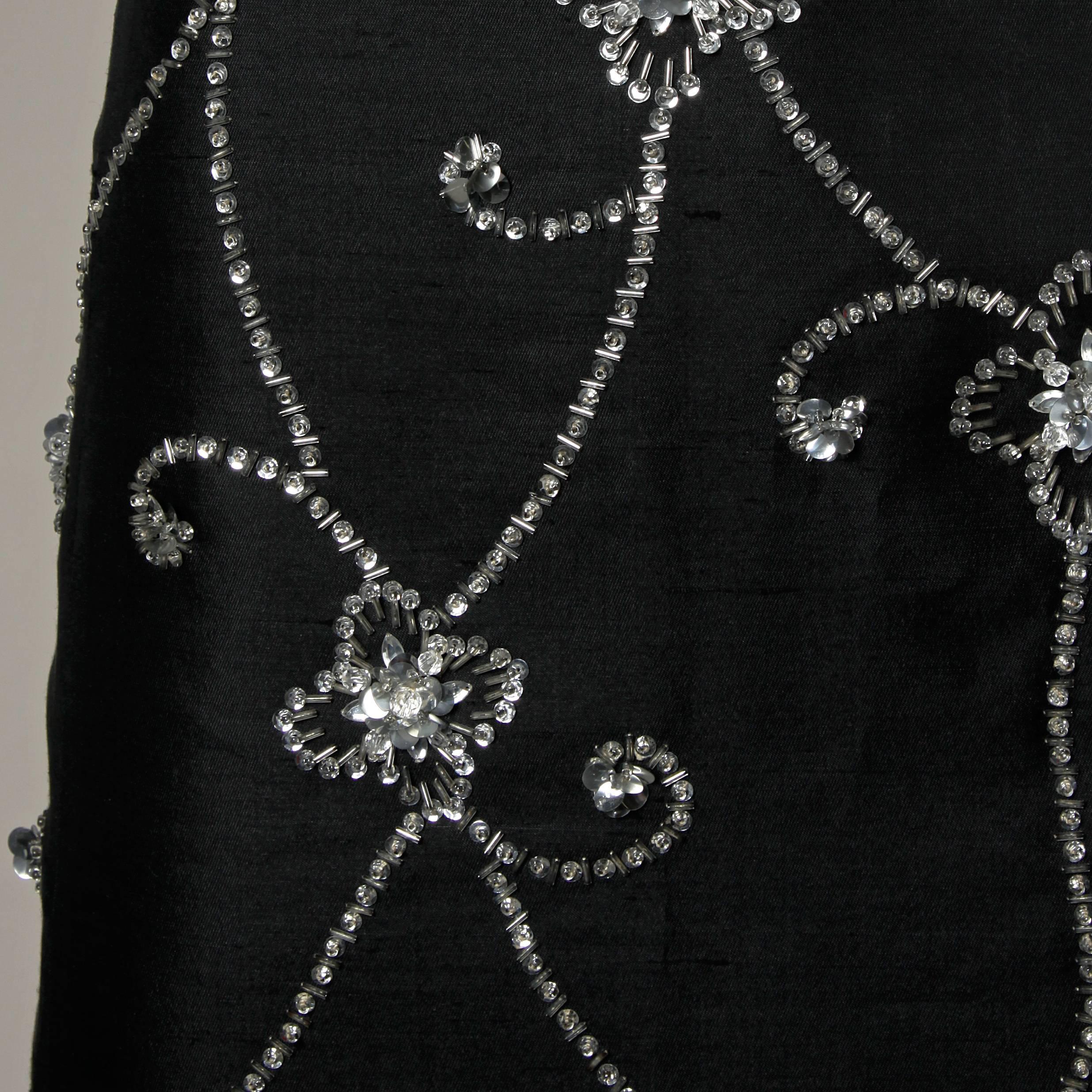 Women's 1960s Vintage Silk + Wool Maxi Dress with Crystal Beads, Sequins + Rhinestones