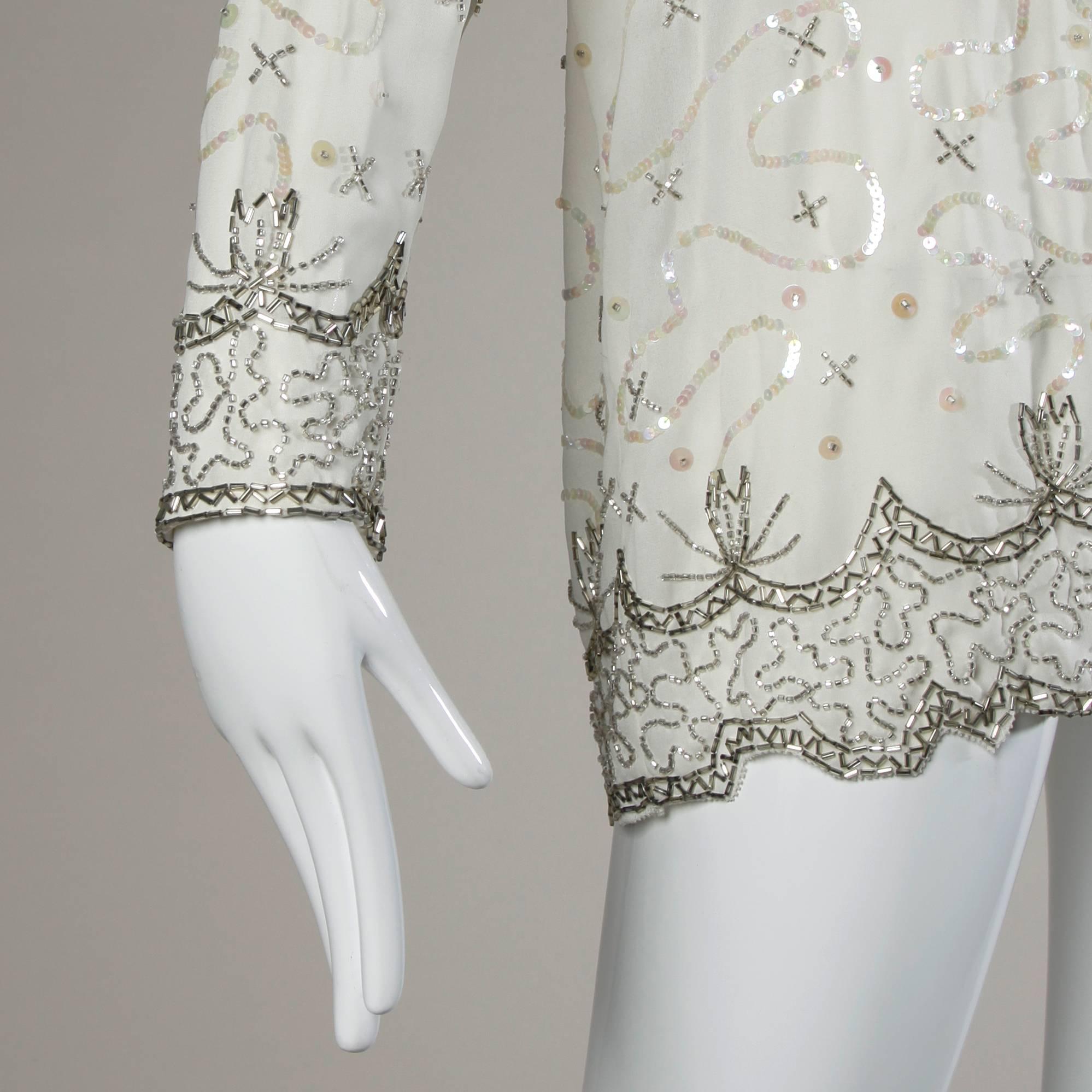 Ungetragene Fabrice Vintage Pailletten + Perlen Flapper Kimono Jacke oder Staubmantel (Grau) im Angebot