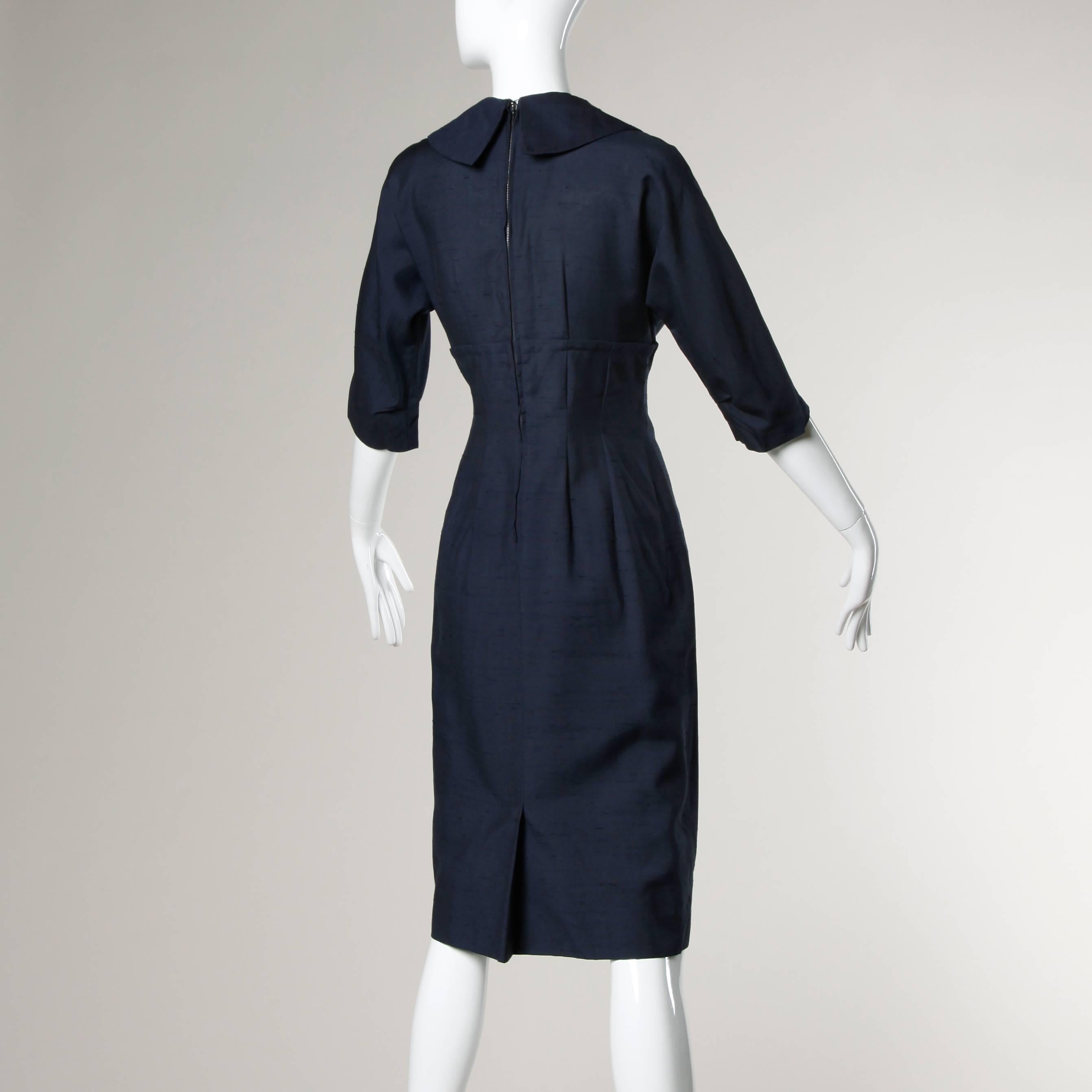 Black 1950s Vintage  Navy Blue Bombshell Wiggle Dress with Buckle Detail