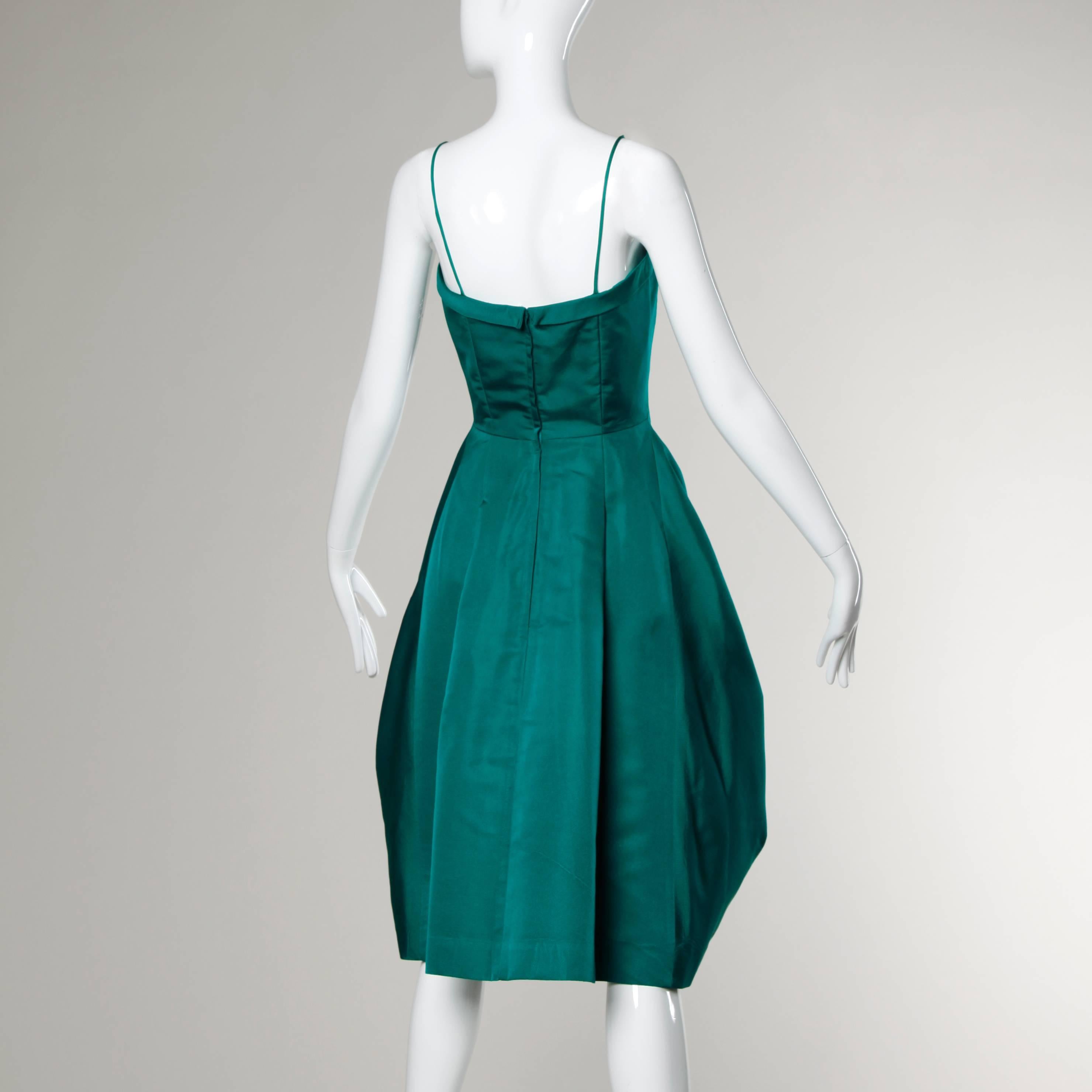 Blue Suzy Perette Vintage Green Silk Cocktail Dress with an Origami Bubble Hem, 1950s