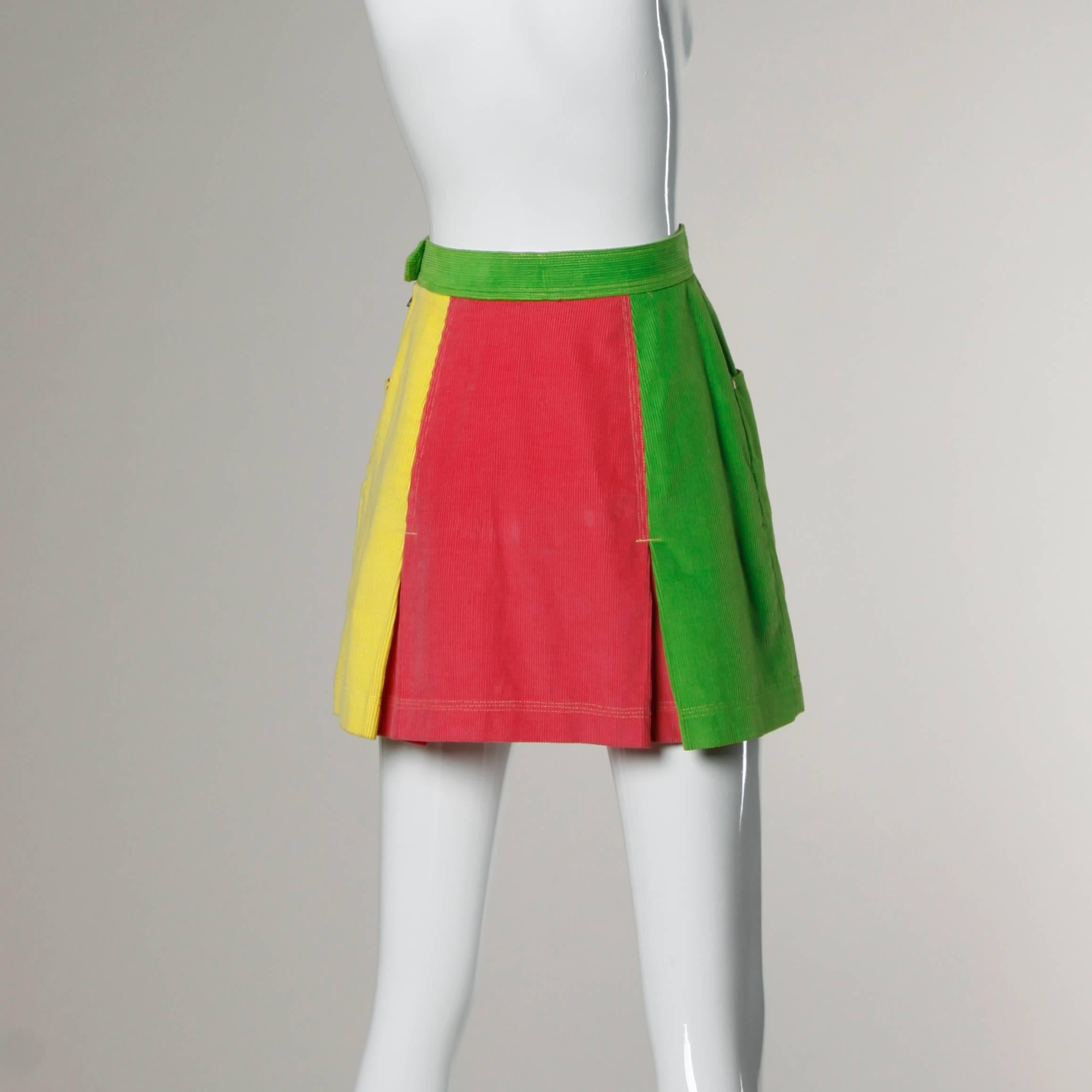 Red Moschino Vintage Color Block Corduroy Mini Skirt