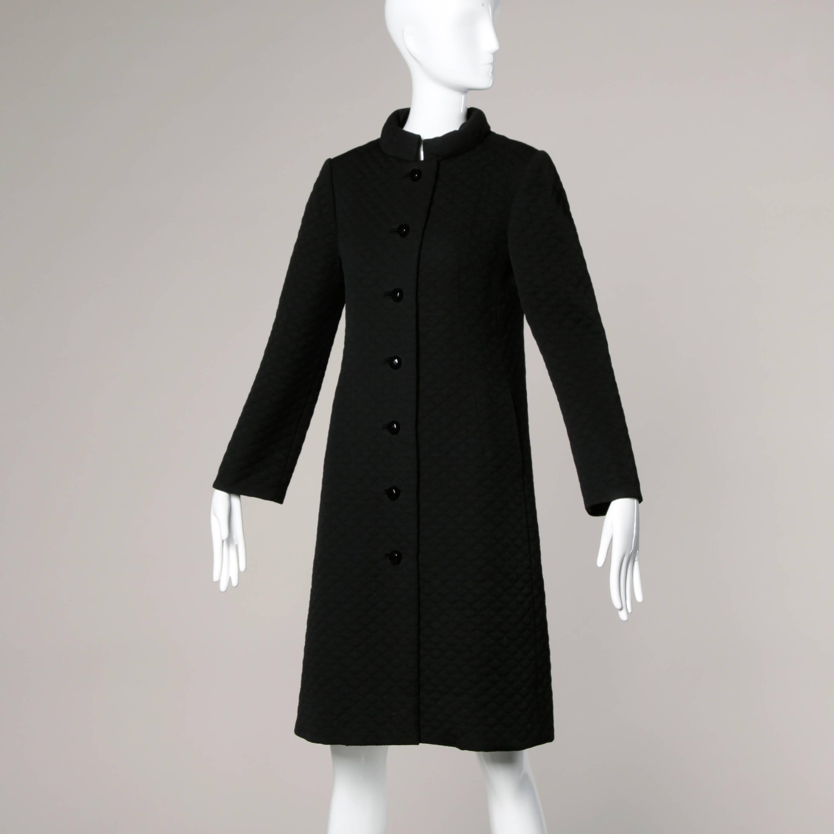 Jacques Tiffeau Vintage 1960s Quilted Black Wool Coat with Silk Lining 1