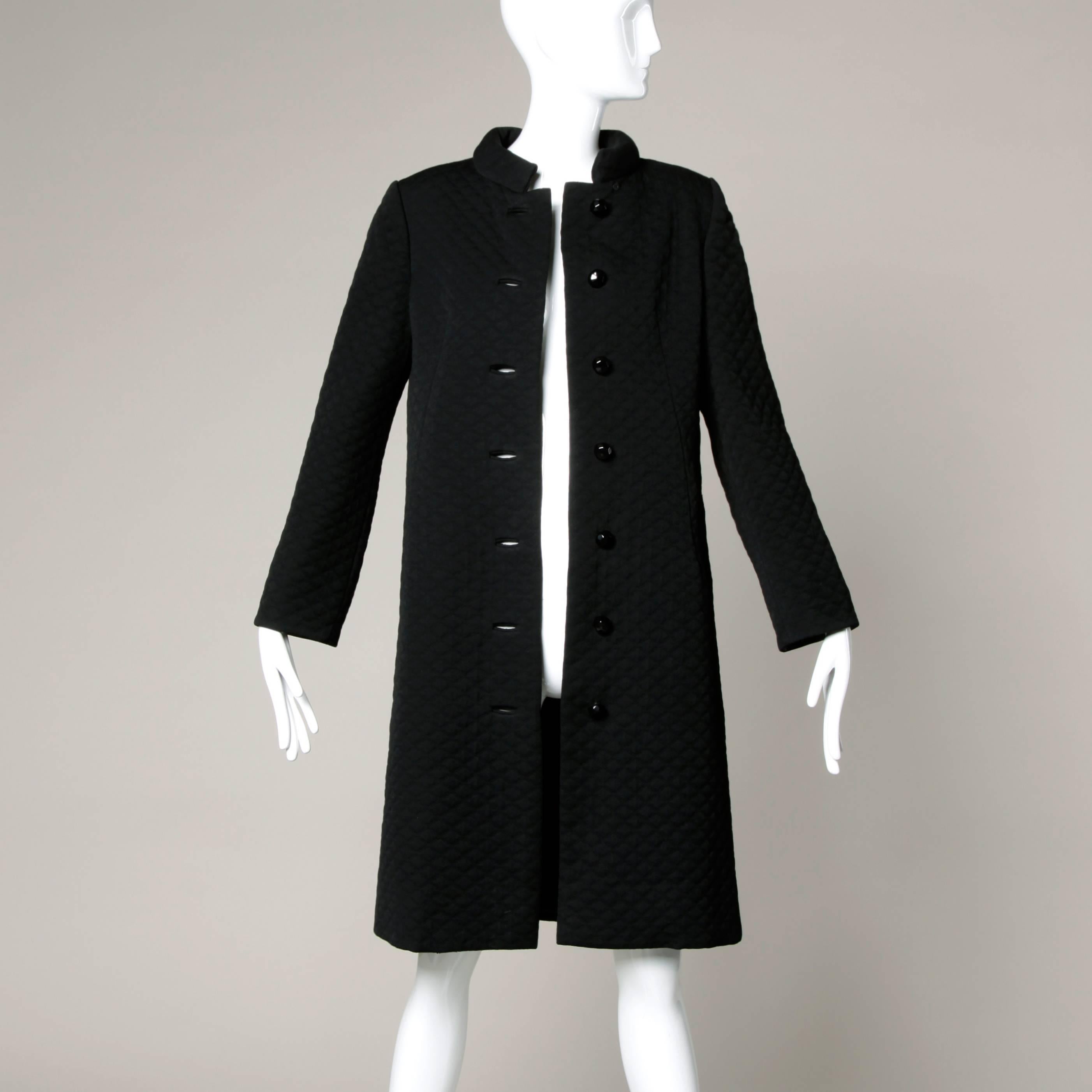 Jacques Tiffeau Vintage 1960s Quilted Black Wool Coat with Silk Lining 2