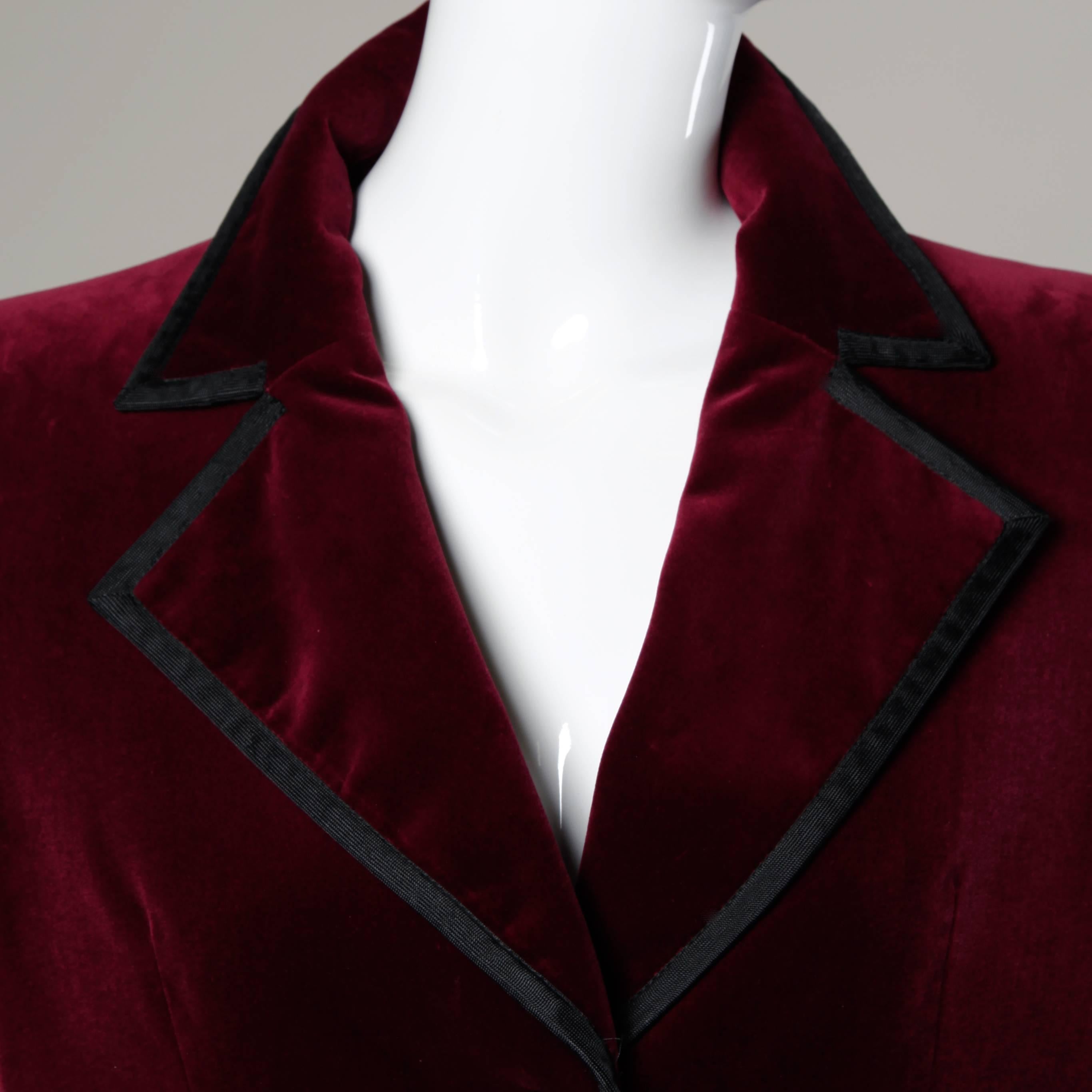 Yves Saint Laurent YSL Vintage Burgundy Velvet Jacket + Skirt Suit Ensemble In Excellent Condition In Sparks, NV