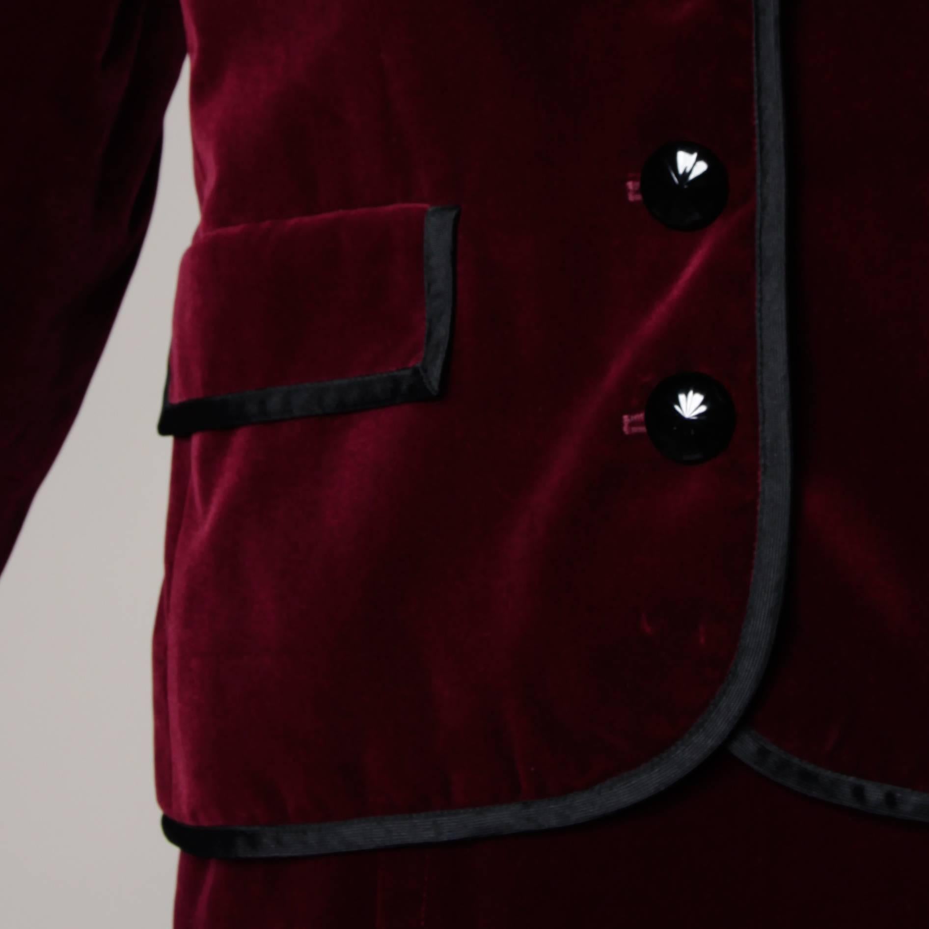 Black Yves Saint Laurent YSL Vintage Burgundy Velvet Jacket + Skirt Suit Ensemble