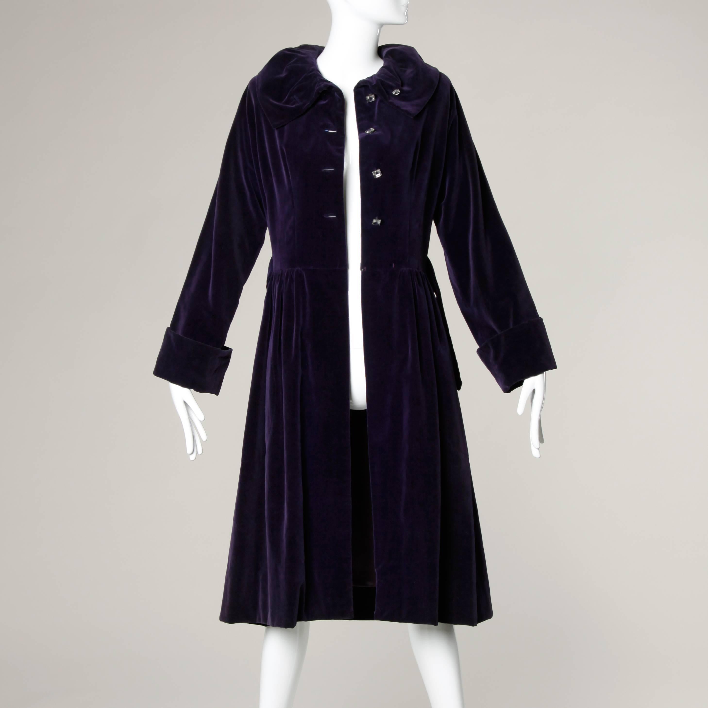 Black Gorgeous 1940s Vintage Purple Velvet Coat with Glass Buttons + Matching Belt