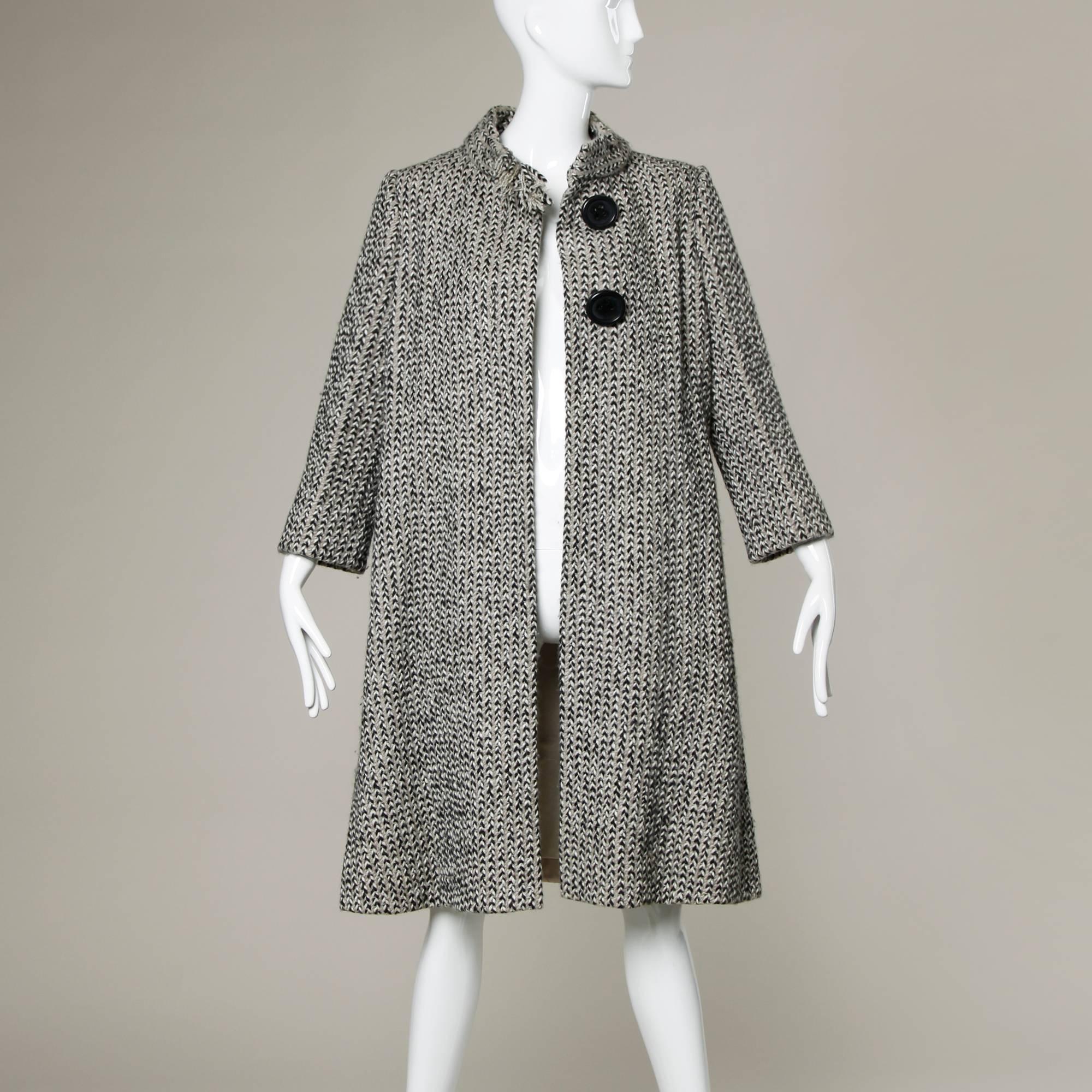 Women's Pauline Trigere Vintage Herringbone Wool Coat with Ascot Scarf, 1960s 