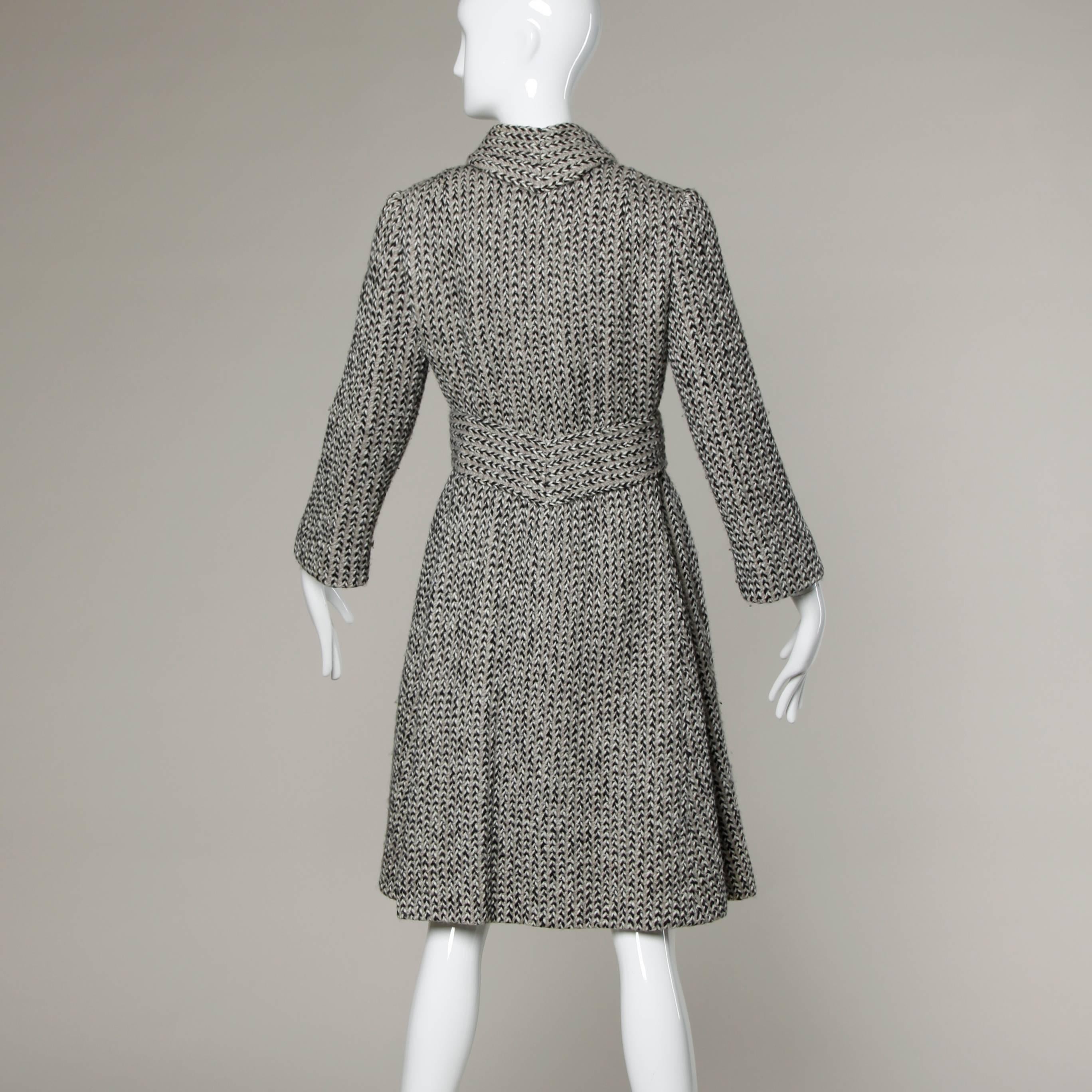 Gray Pauline Trigere Vintage Herringbone Wool Coat with Ascot Scarf, 1960s 