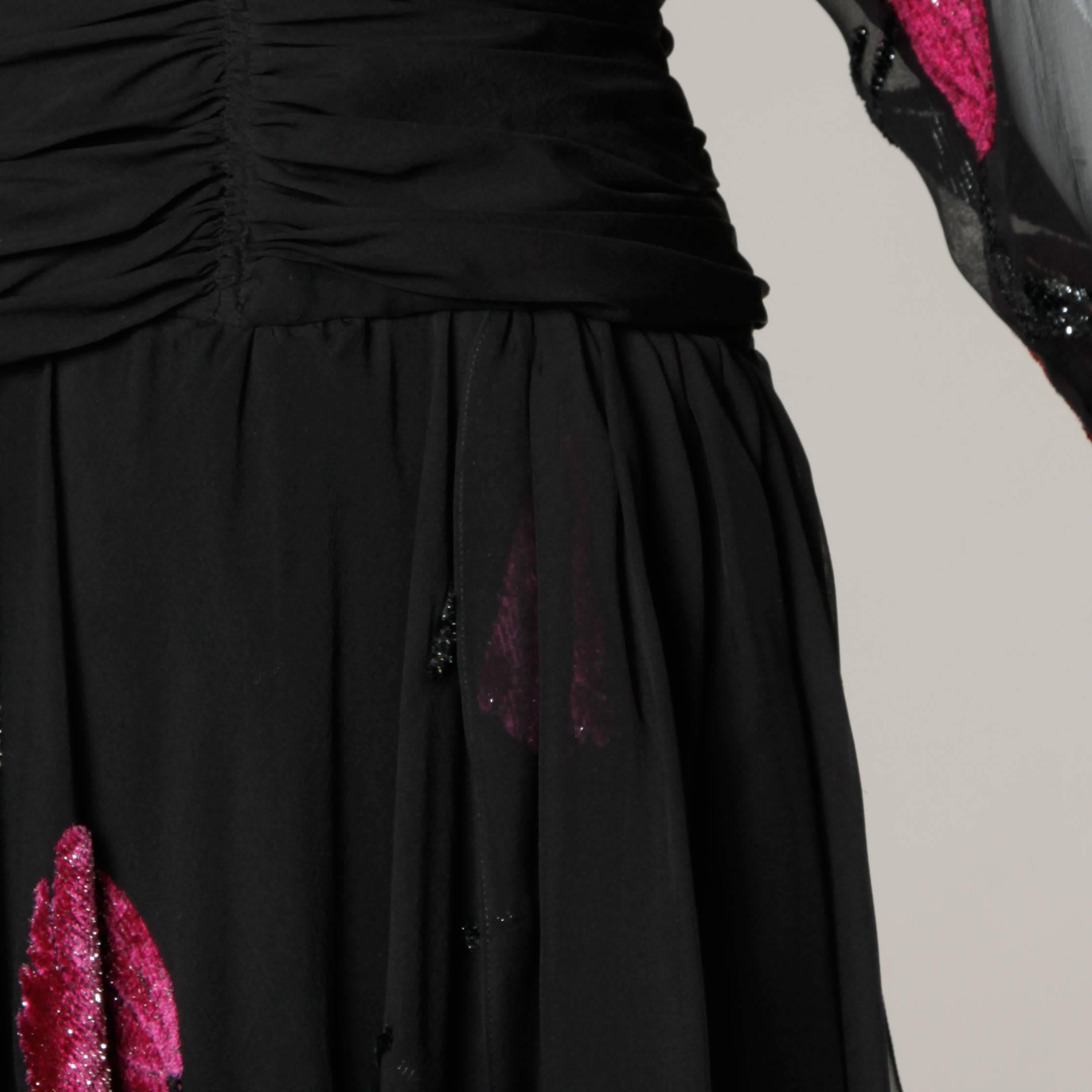 Vintage Delicate Silk Chiffon Dress with Burn Out Velvet Floral Design In Excellent Condition For Sale In Sparks, NV